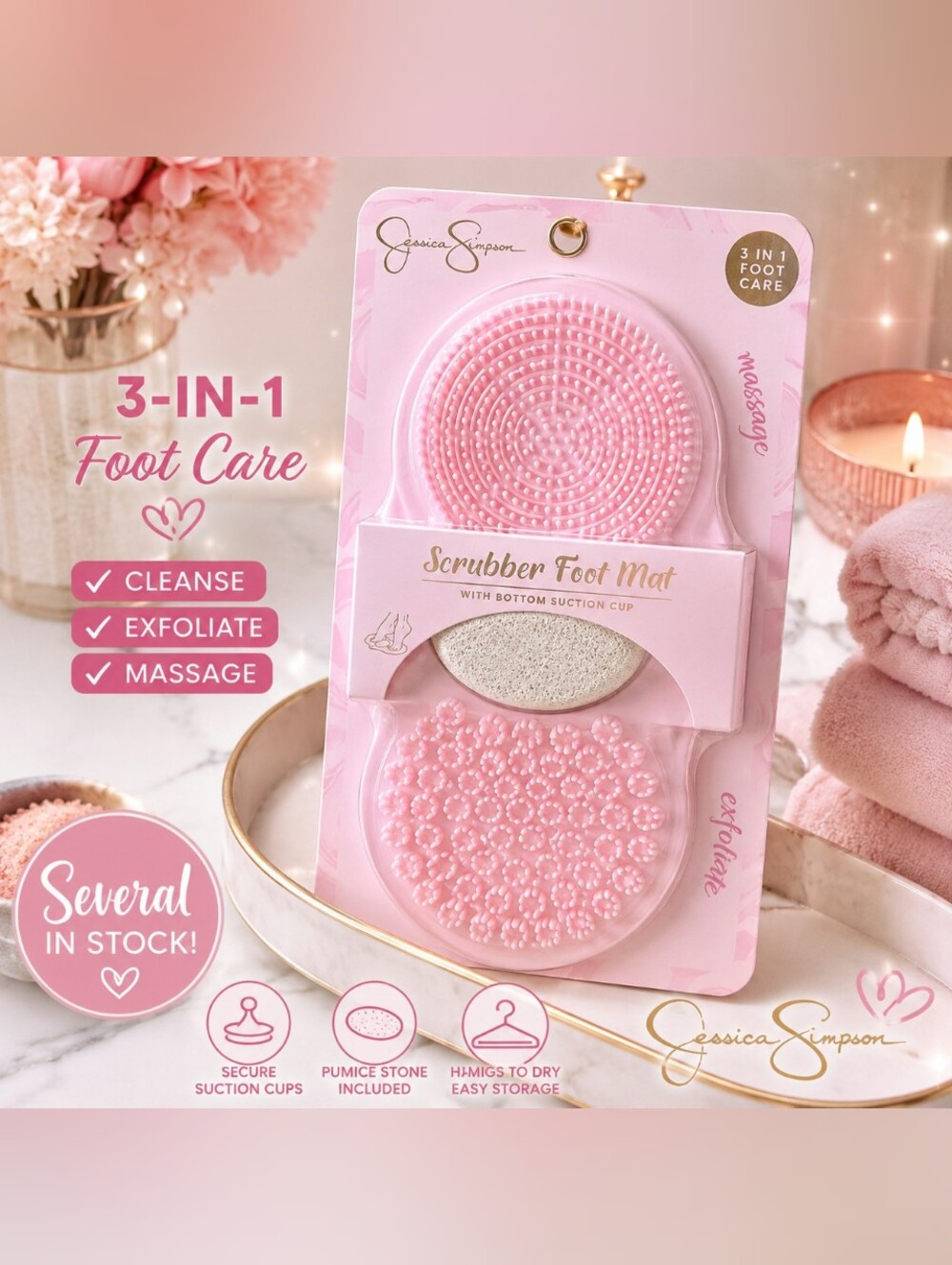 ❤️ 5/$25 Jessica Simpson 3-in-1 Foot Scrubber Mat Pink w/ Pumice Stone NEW